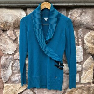 Vintage Guess Long Sleeve Sweater Cowl Neck Teal Knit Medium Fitted Y2K 90s